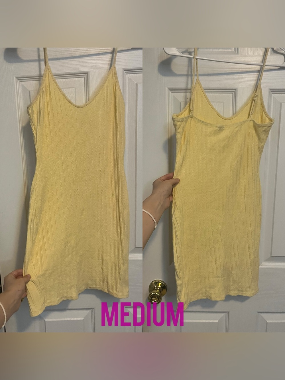 Fashion Nova light yellow ribbed bodycon mini dress. Spaghetti strap.